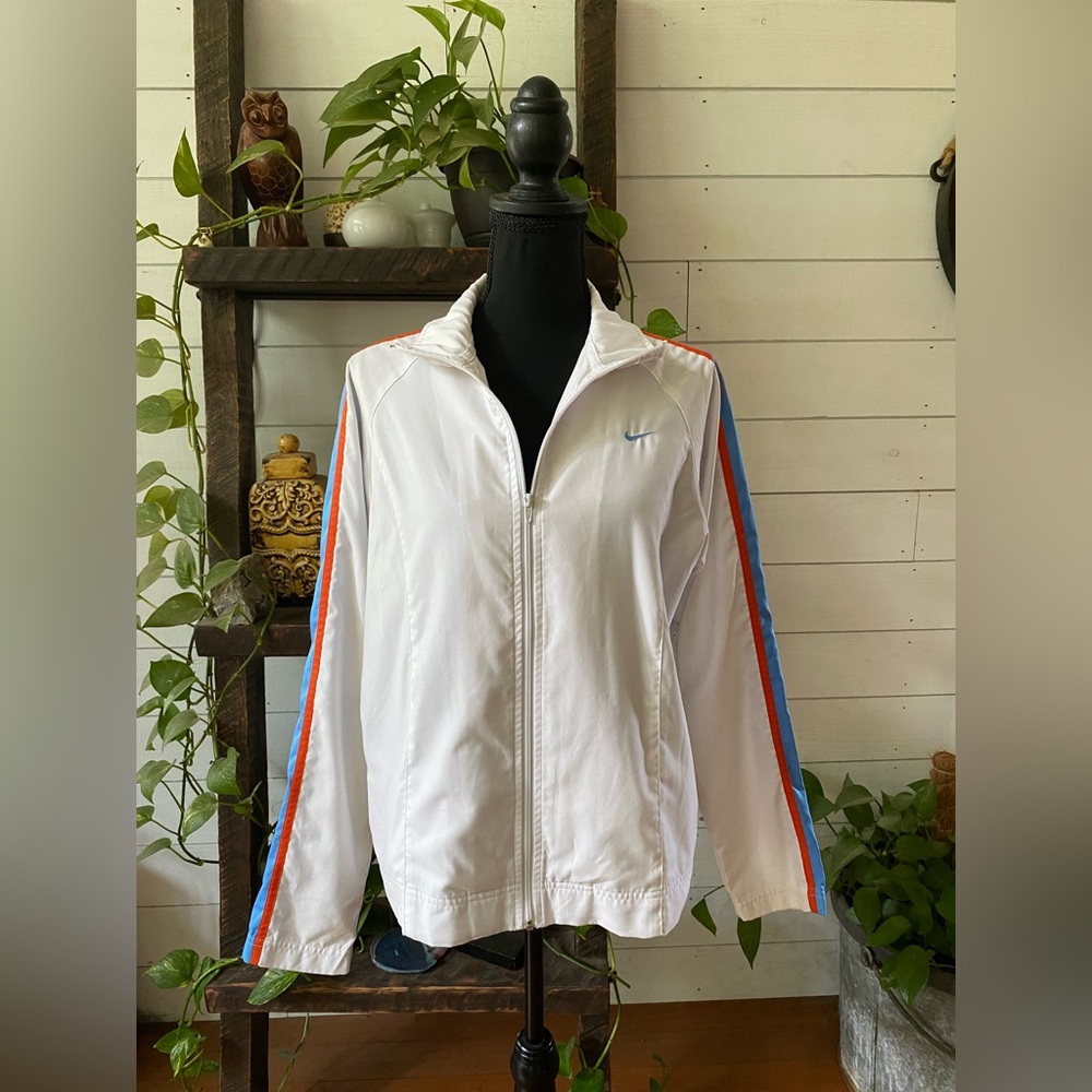 Nike: White Lightweight Bomber Jacket with Retro Blue and Orange Stripe Design - Picture 4 of 17